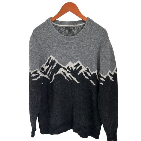 Banana Republic Mens Mountain Design Sweater L Gray & Black Wool Blend Crewneck - Picture 1 of 7